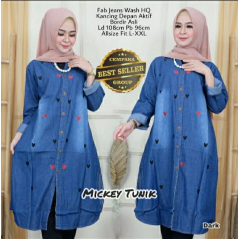 tunik jeans wanita / tunik jeans bordir / tunik jeans mickey