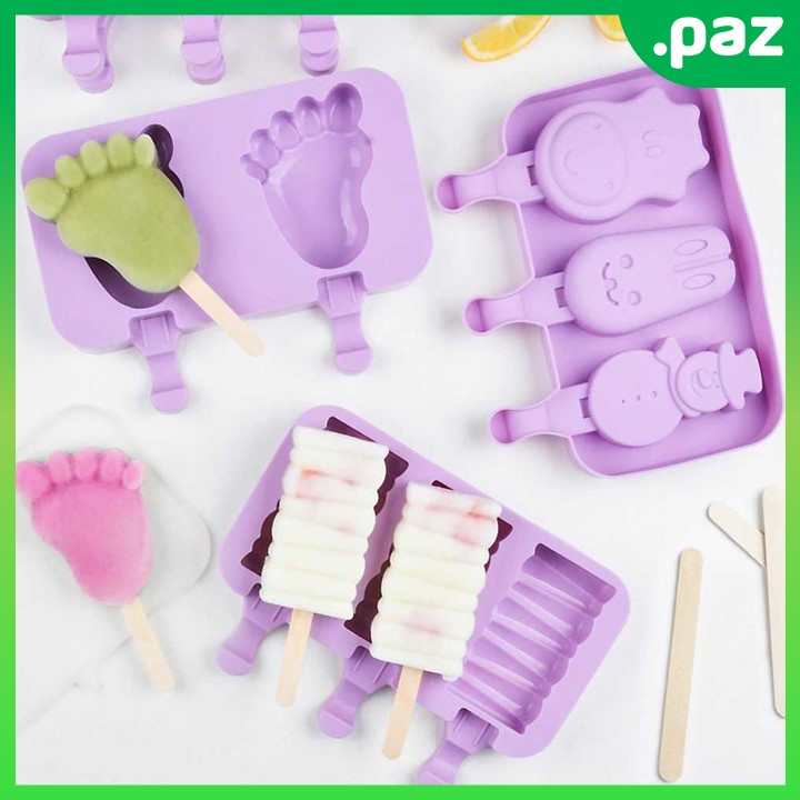 Cetakan Es Krim 3 Hole Silicone dengan Popsicle Sticks Stik Kayu Es Krim Karakter Lucu
