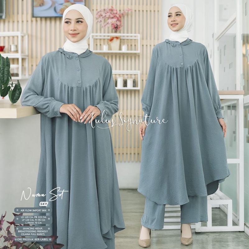FIKRI NUMA KYRA SYADINDA ONE SET SETELAN WANITA BAHAN AIR FLOW crinkle ori by ori naura tulus signature-Numa sky