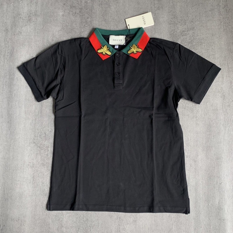 Kaos Polo Pria Gucci List Bee Gold On Collar Hitam Premium Import