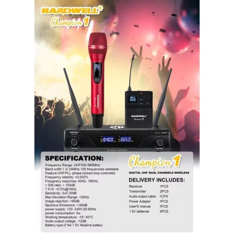 Microphone wireless Hardwell champion 1mic wireless UHF.vocal jernih cocok buat karaoke.pidato.imam all.