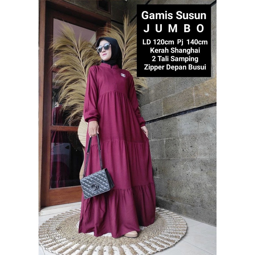 Gamis Susun Jumbo Polos Rayon Premium Dress Wanita Lengan Panjang Longdress Plain Bigsize LD 120 cm