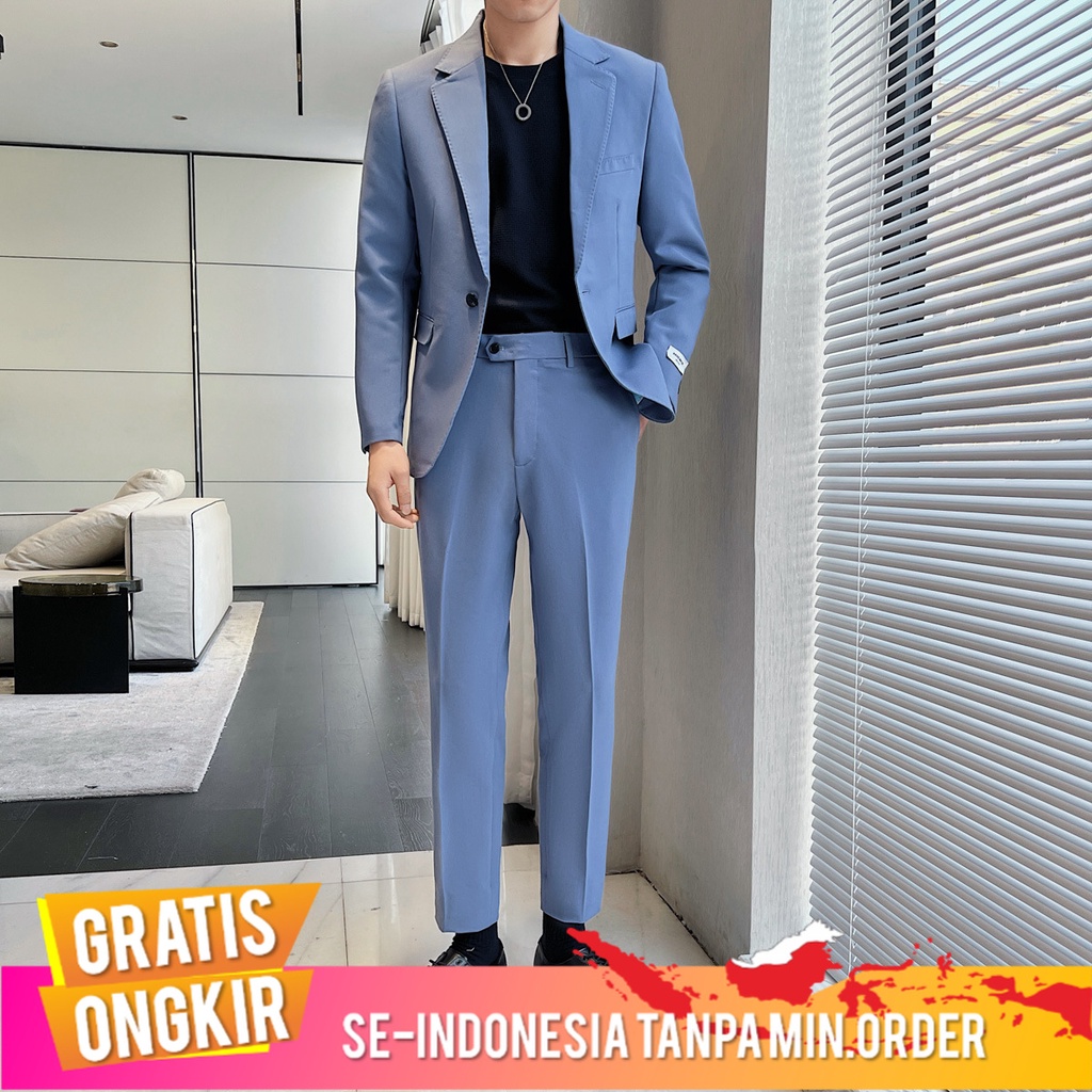 Jas Pria Kasual Pria Korea Perapi Korea Slim Fit Suit  Bersih Sederhana Warna Solid Suit Bergaris To