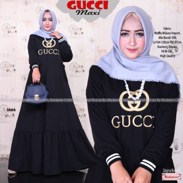 GAMIS GUCCI, BAHAN WAFFLE MILANO IMPORT MIX BORDIR ORI, LD.104-120 PB.137 FIT TO XL-XXL, SAKU DEPAN