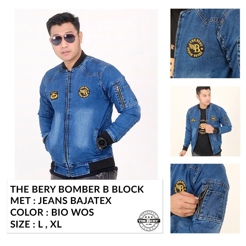 [ BISA COD ] JAKET BOMBER JEANS PRIA / JAKET JEANS DENIM B BLOCK ORIGINAL THE BERRY