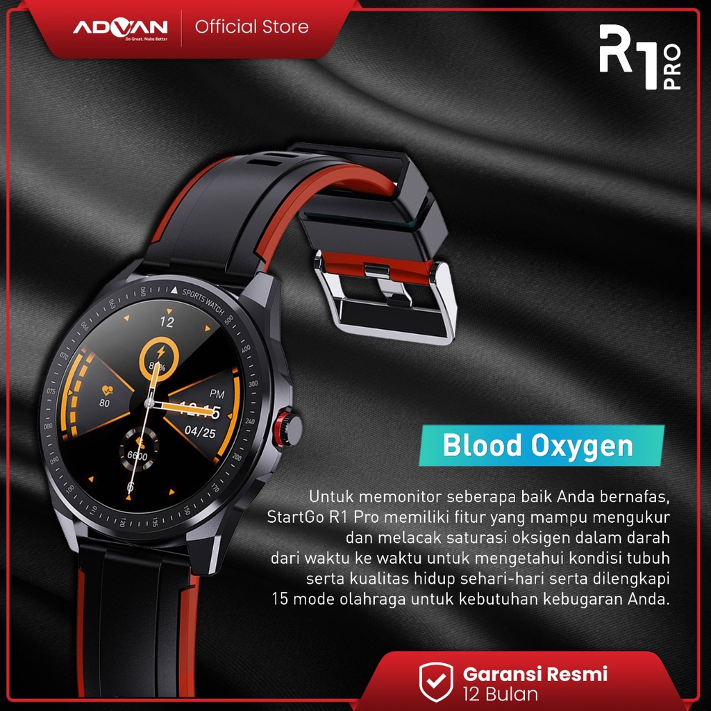 Advan Startgo Smartwatch R1 Pro 1.3 inci | Pemantauan SpO2 24 Jam | Blood Oxygen | 15 mode olahraga Garansi Resmi 12 Bulan - Black Red