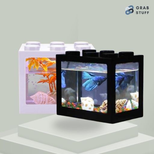 Aquarium Mini Cupang Lego Block with Colorful LED / Akuarium Cupang LED Mini bentuk Lego Lucu Simpel / Akuarium Cupang Murah dengan Lampu LED Ikan Mas Koi Ikan Kecil Kecil Aesthetic Estetik Original Kekinian / Aquarium Set Ikan Koi + Batu