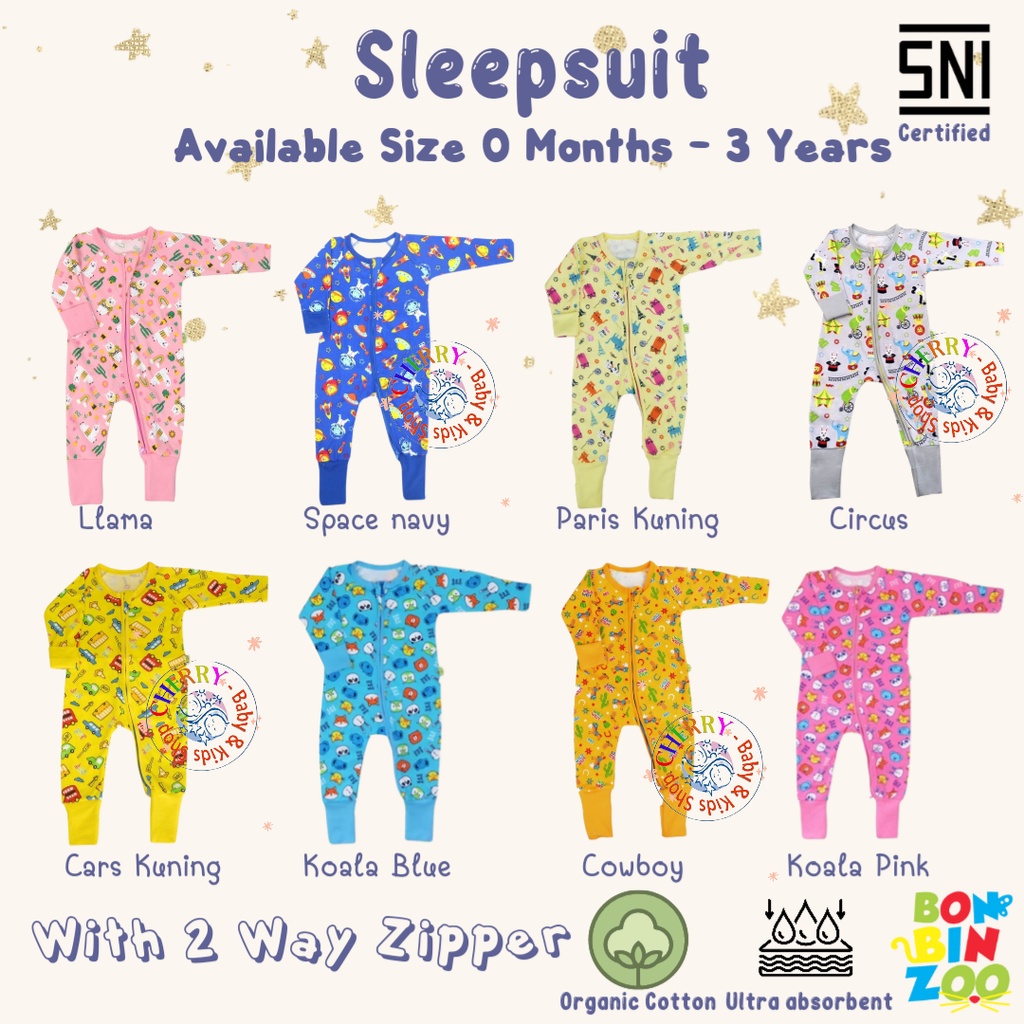 Sleepsuit Zipper Resleting Bonbinzoo SNI bahan halus uk 0-3/3-6/6-12m SML CBKS