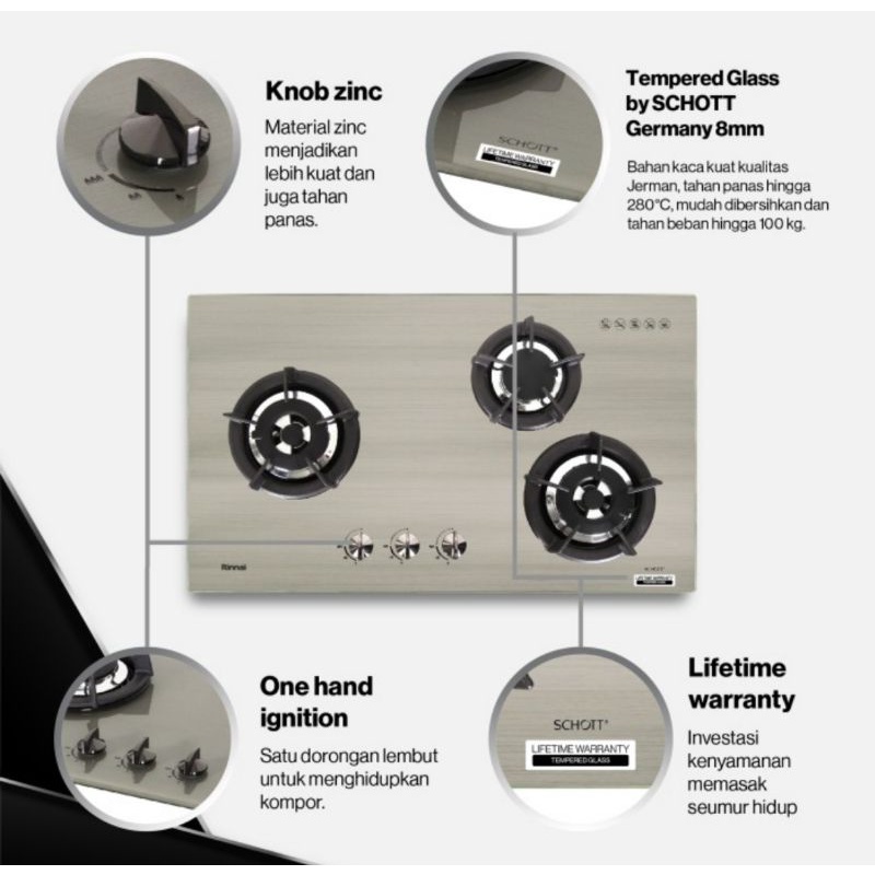 Kompor Tanam gas Rinnai RB-3SS-C (SS)/  Stainless RB3SSC 3 tungku 70cm