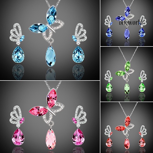 OW@ Women Cocktail Crystal Butterfly Cubic Zirconia Necklace Stud Earrings Jewelry Set