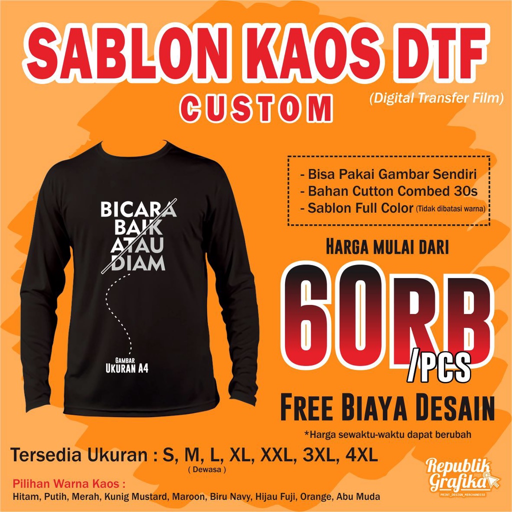 SABLON KAOS SATUAN CUSTOM - DTF A4 - COMBED 30S - LENGAN PANJANG