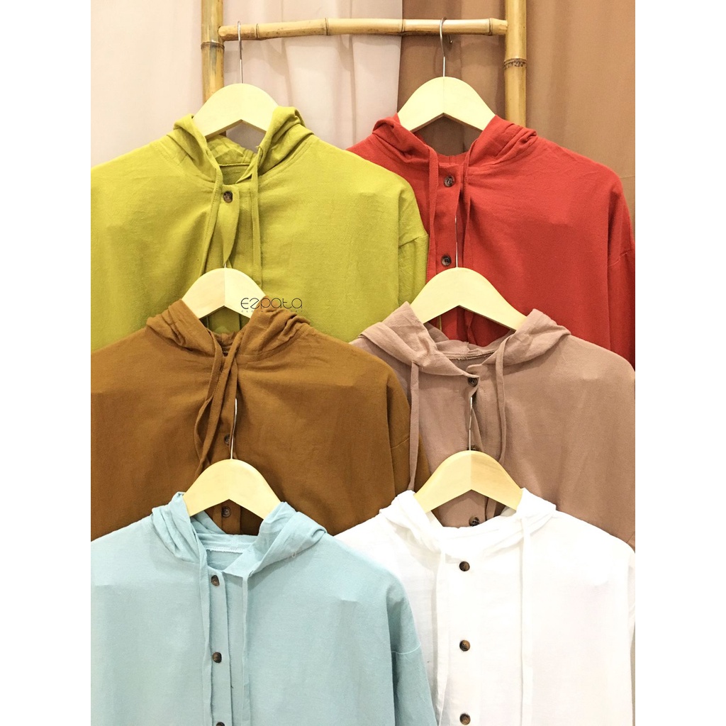 Ezpata Atasan Kemeja Outer Hoodie Wanita Polos Full kancing XL BB 50-80kg LD 114cm Bahan Katun Linen