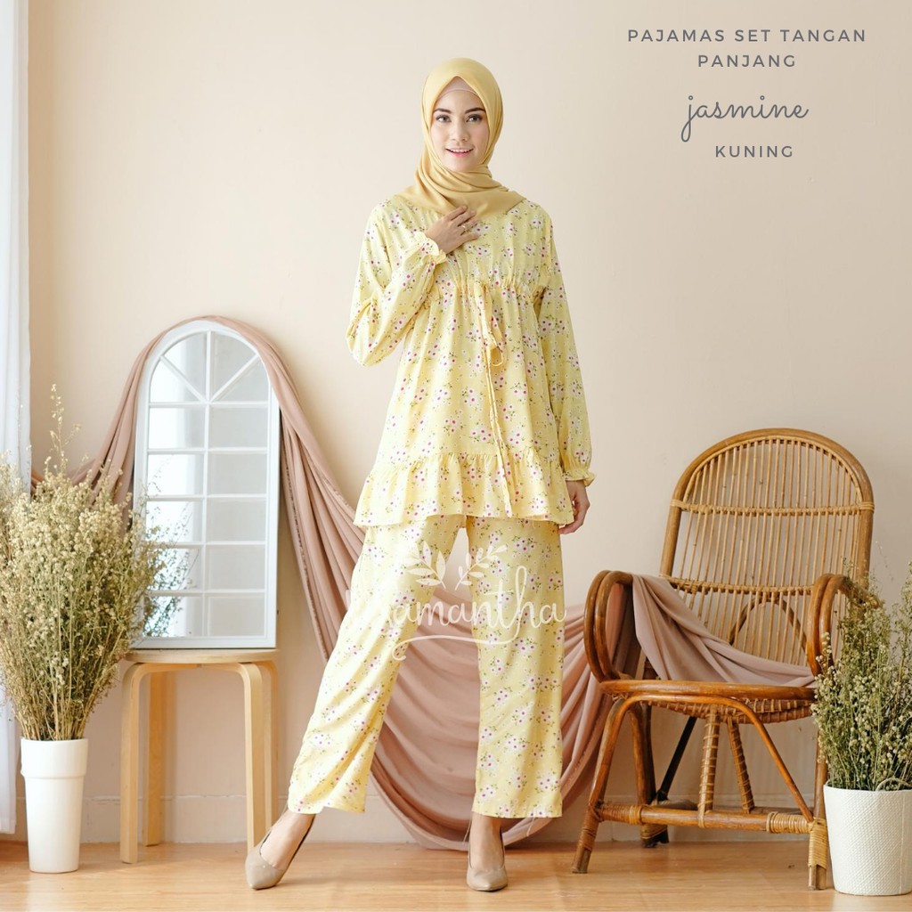 vSamantha - Pajamas Set / Piyama Set Muslim Rayon Rempel Busui Friendly - Tangan Panjang-Jasmine Kuning