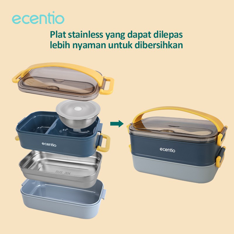 ecentio &amp; FOODI  kotak makan stainless 304 3 Sekat 2 susun 1200ml+180ml cangkir sup tahan panas anti tumpah /Free Sendok Garpu dengan pegangan