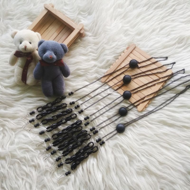 strap masker hijab 2 in 1 hitam polos ||READY||