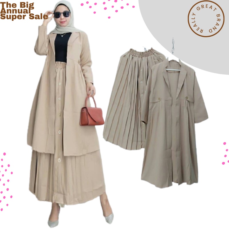 Nabila One Set Rok Cardigan Terbaru ONE SET BLAZER LONG CARDY+ROK PLISKET PREMIUM  Set Rok Cardi Set