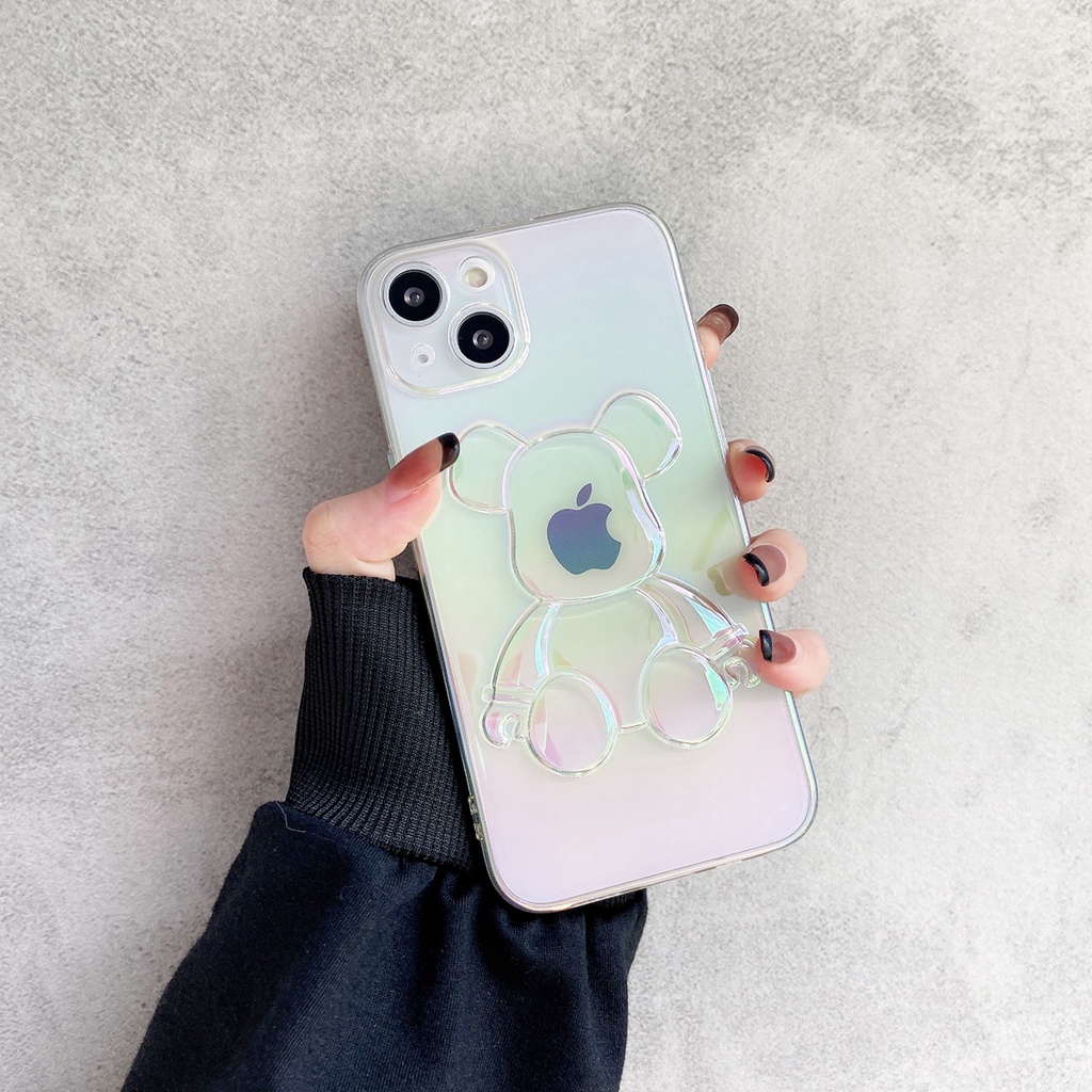 Soft case Silikon Transparan Motif Beruang 3D Warna Gradasi Laser Untuk iPhone 11 Pro MAX 12 13 Pro MAX