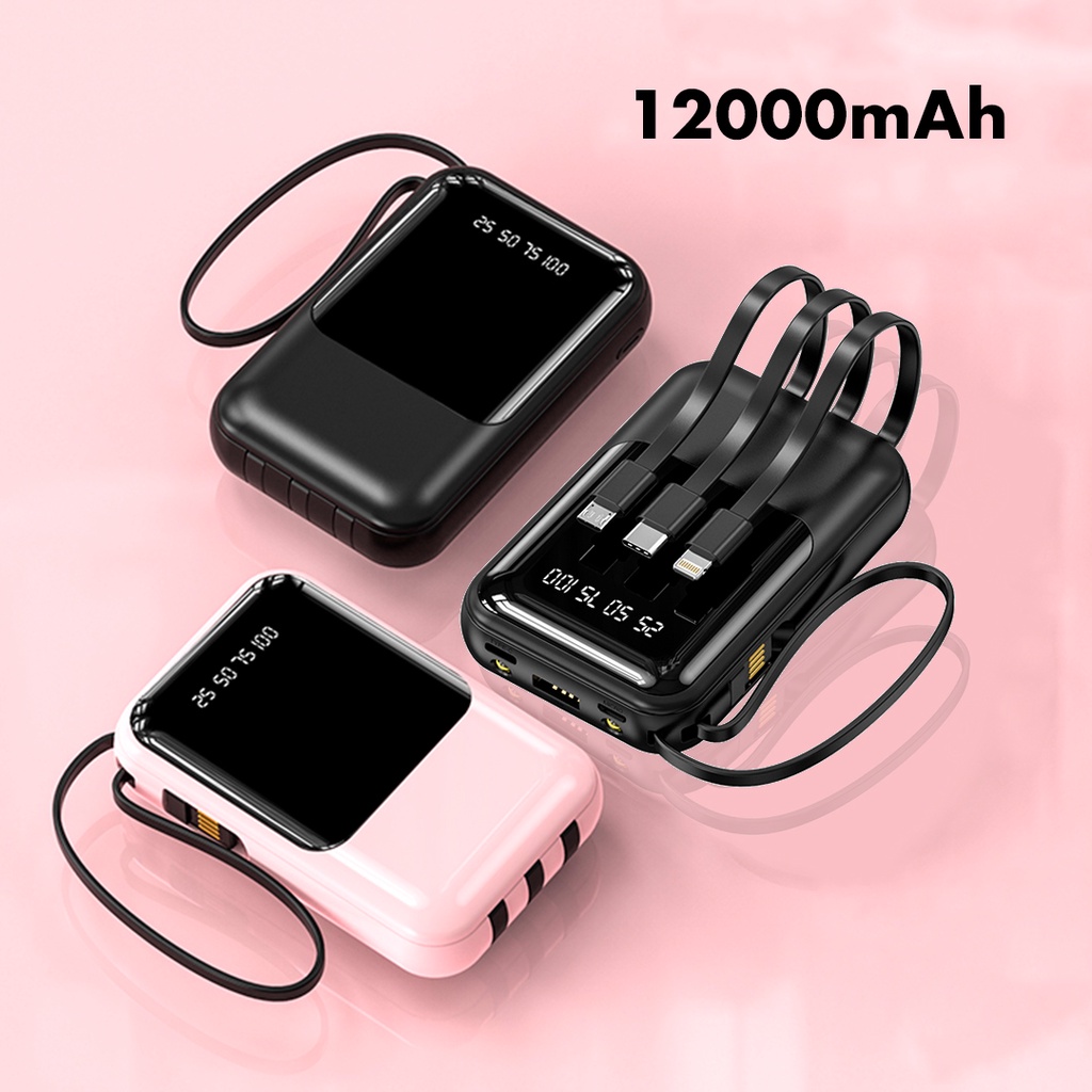 BENCO Powerbank 12000 mAh Quick Charge Fast Charge dengan 4 Kabel Data Micro USB Lightning Type-C dan Senter Power Bank Built in Cable LED Display Mini Size Android iOS Real Capacity