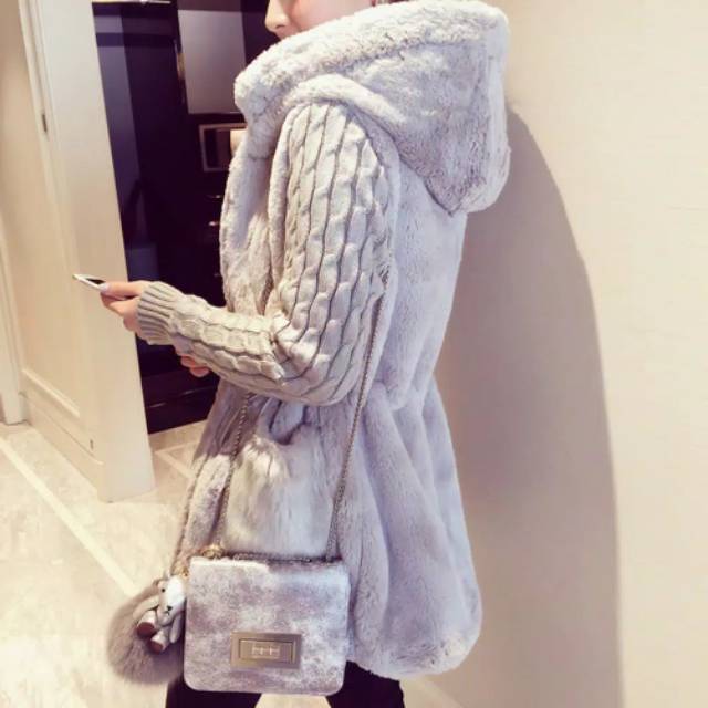 WOMAN WINTER PLUSH FUR KNIT HOODIE WARM JACKET JAKET WANITA BULU RAJUT MUSIM DINGIN