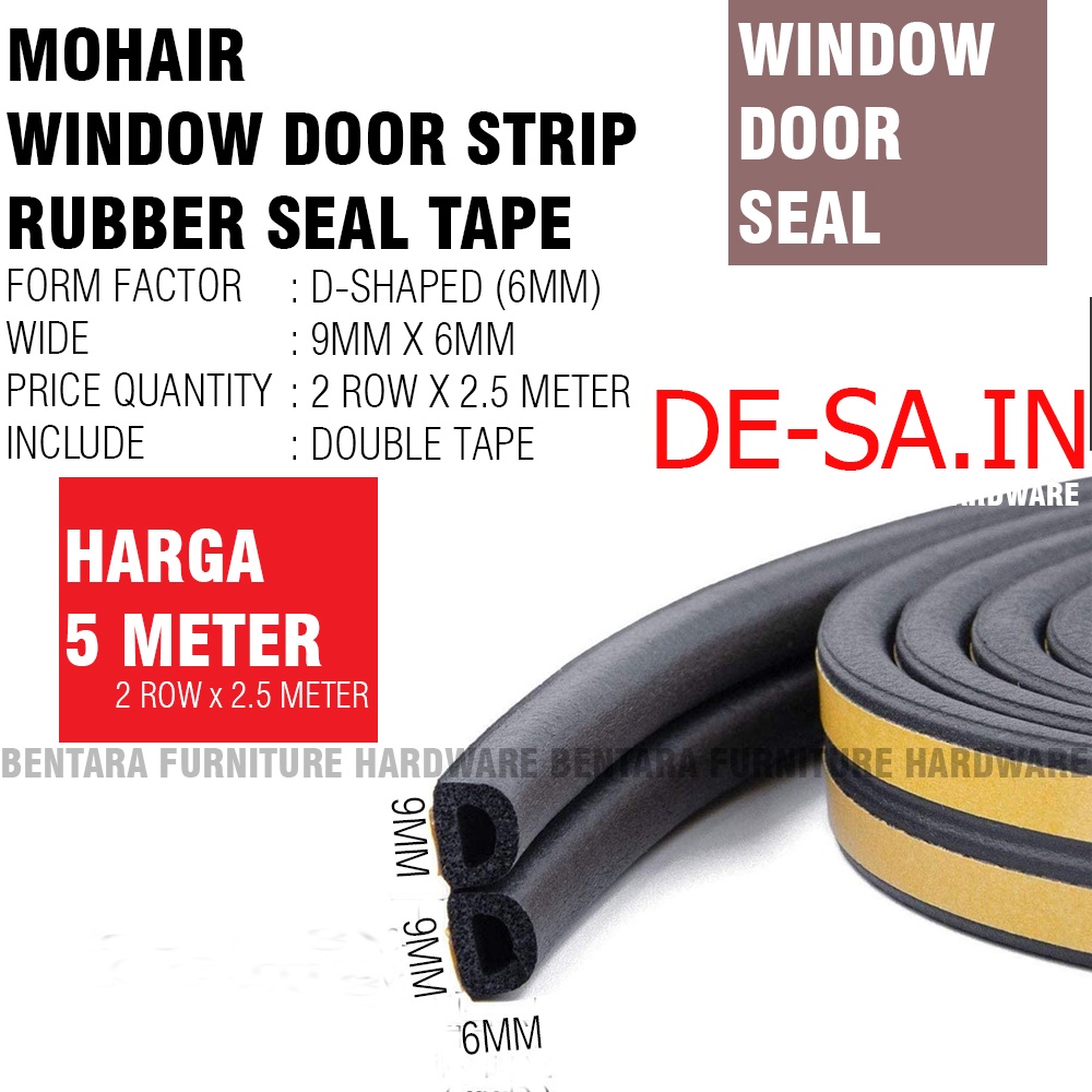 Premium 5 METER TIPE-D Moher Window Door Seal Strip HITAM BLACK Mohair Karet Double Self Adhesive