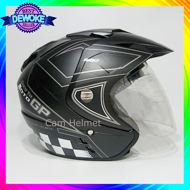 HELM MOTOR DMN DOUBLE VISOR 2 KACA MOTIF MOTO GP BLACK DOFF ABU SAFTY RIDDING
