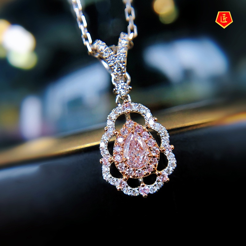 [Ready Stock]INS Water Drop Pear-Shaped Pendant Pink Diamond Necklace