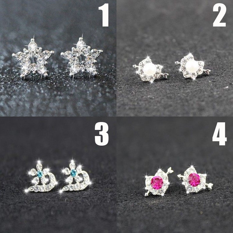 Anting Tusuk Desain Hati Kristal + Pita Warna Silver Gaya Korea untuk Wanita