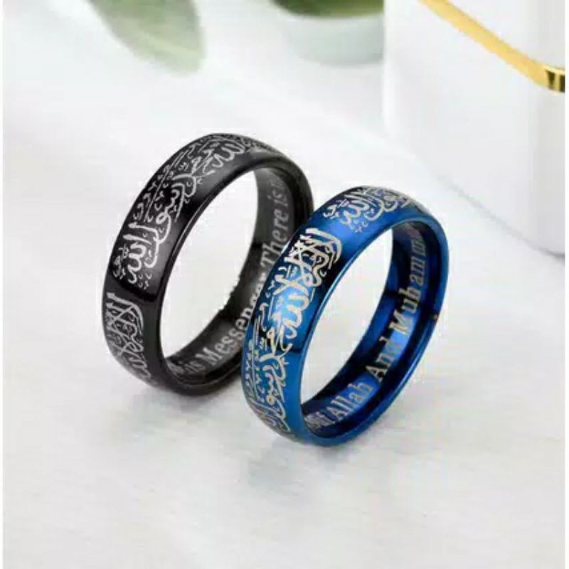 Fourfashion Cincin Tauhid Muslim Pria Wanita Anti Karat Warna Emas Biru Silver Hitam Islam Kaligrafi