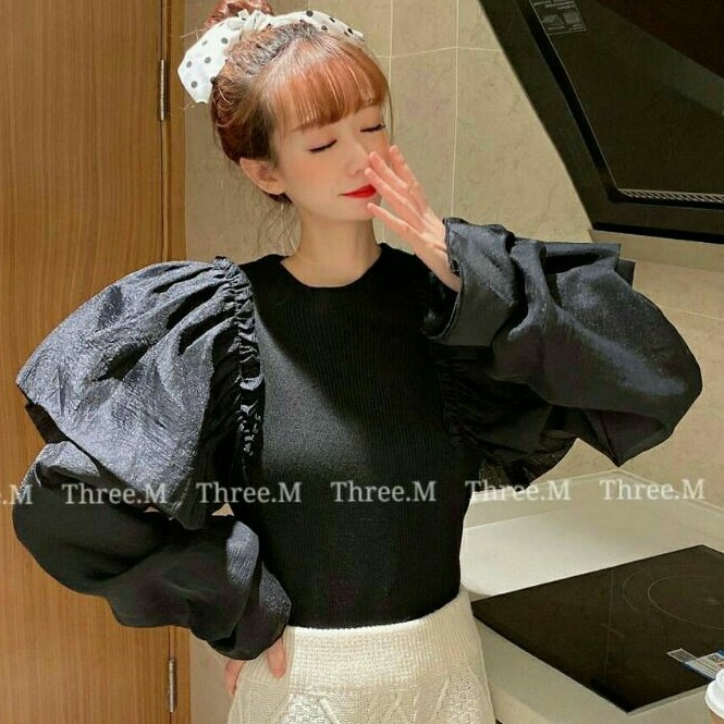 0833 Sparkle Baju atasan blouse top puff rajut lengan balon cewek baju blouse rajut wanita import