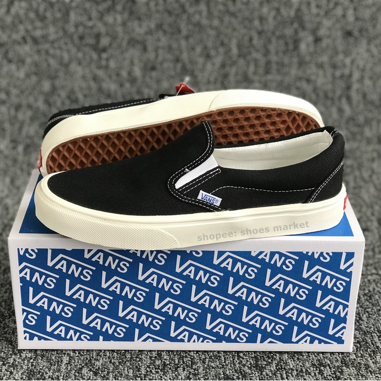 VANS SLIP ON OG BLACK WHITE WAFFLE DT BOX BIRU