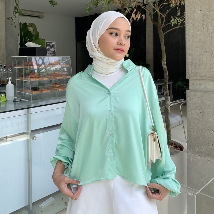 BLOUSE KEMEJA CROP SILK SATIN JIHAN DAILY OFFICE SHIRT PREMIUM B477