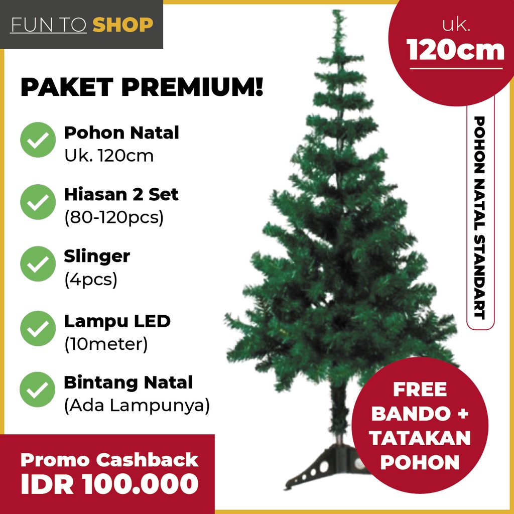 Pohon Natal 1 Set Lengkap dengan Hiasan Lampu Slinger Bando Tatakan Bintang Natal Uk 120cm