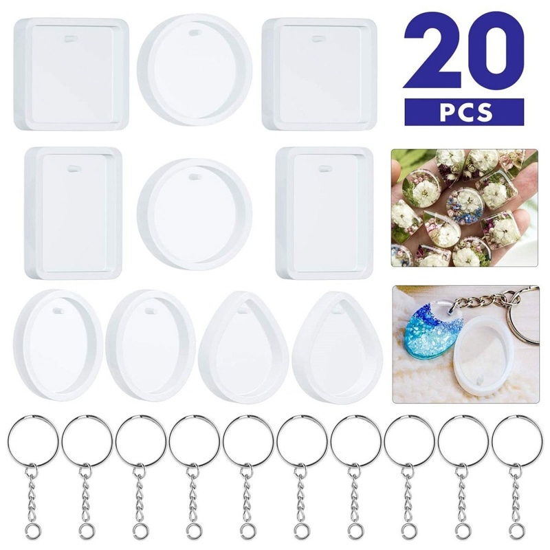 20 Pcs / Set Cetakan Resin Kristal Epoksi Bentuk Tetesan Air Bulat Persegi Oval Dengan Gantungan Kunci