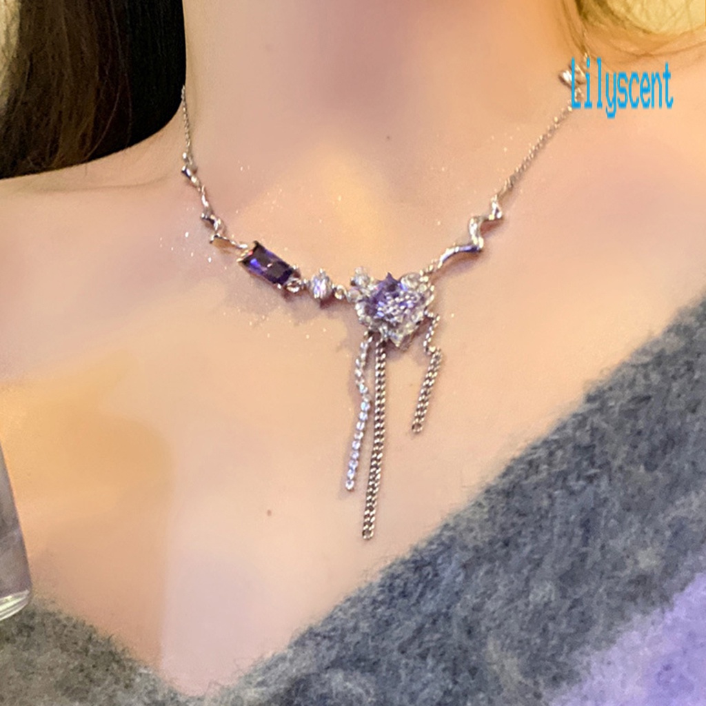 Lily Kalung Rantai Alloy Adjustable Hias Zirkon Ungu Untuk Wanita