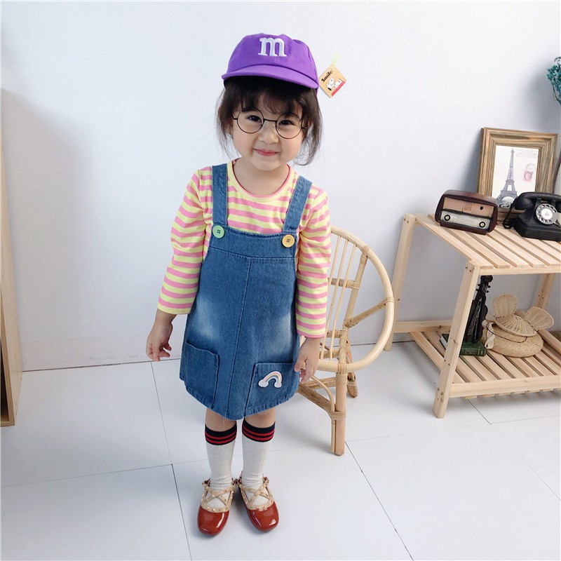 HappyOliver OVERALL SALUR DENIM RAINBOW 5882 EBV baju anak perempuan import 2in1 motif lucu