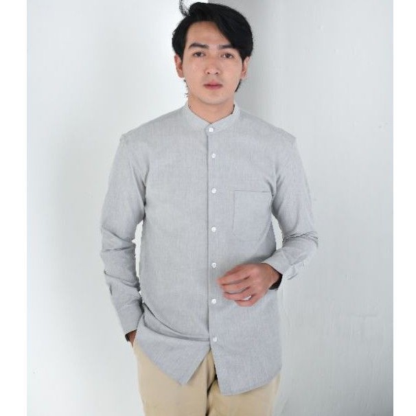 Mubeng Kemeja Royal Oxford Collarless Abu Misty Slimfit