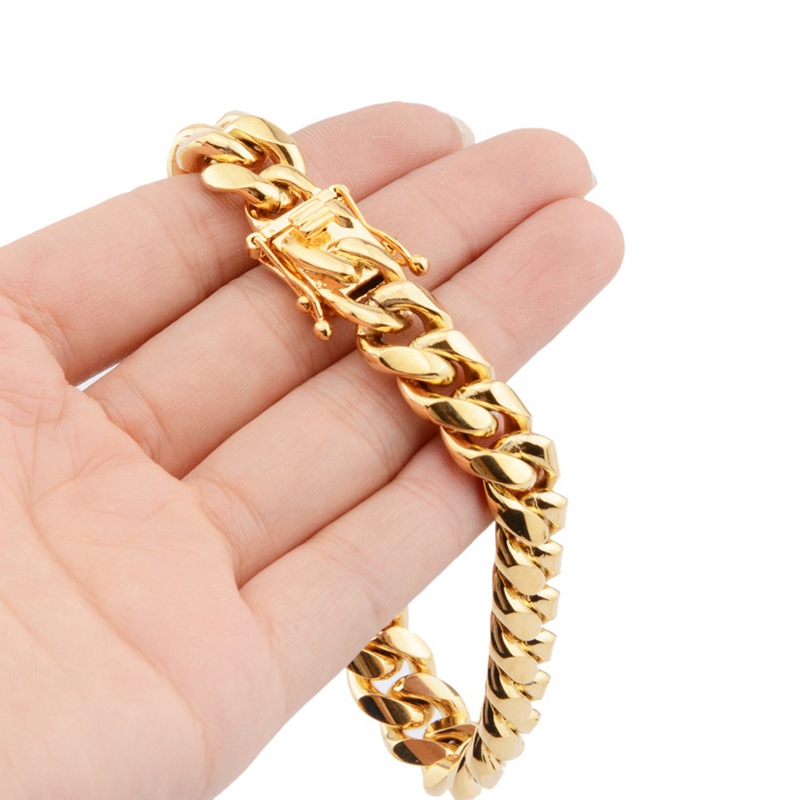 Classic 18K Gold Plated Stainless Steel Miami Cuban Link Chain Bracelet Men 10MM