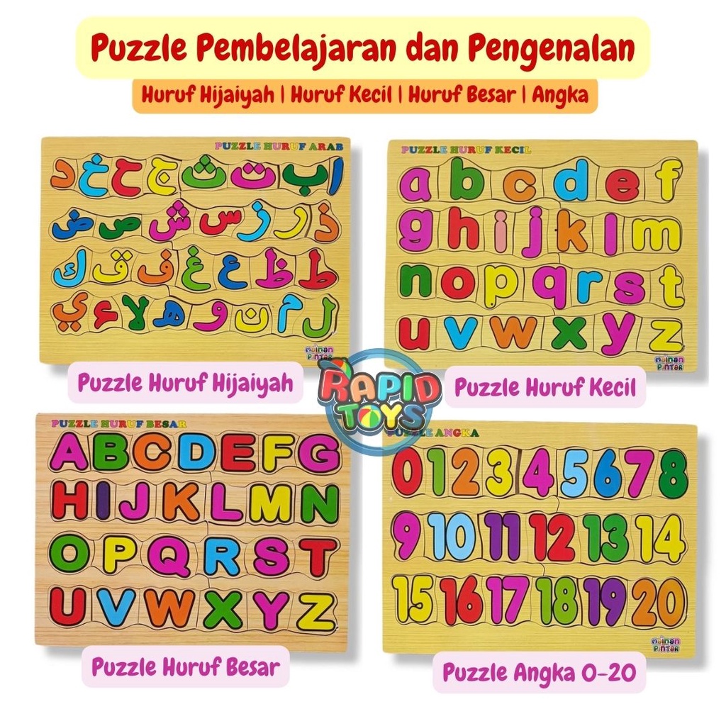 Puzzle Kayu Pengenalan Huruf Hijaiyah Huruf Alphabet Dan Angka - Mainan edukasi Anak - Rapid Toys