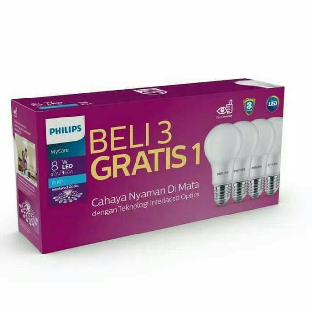 Multipack Lampu LED philips bulb 8w 8watt 8 watt paket isi 4 beli 3 gratis 1 my care