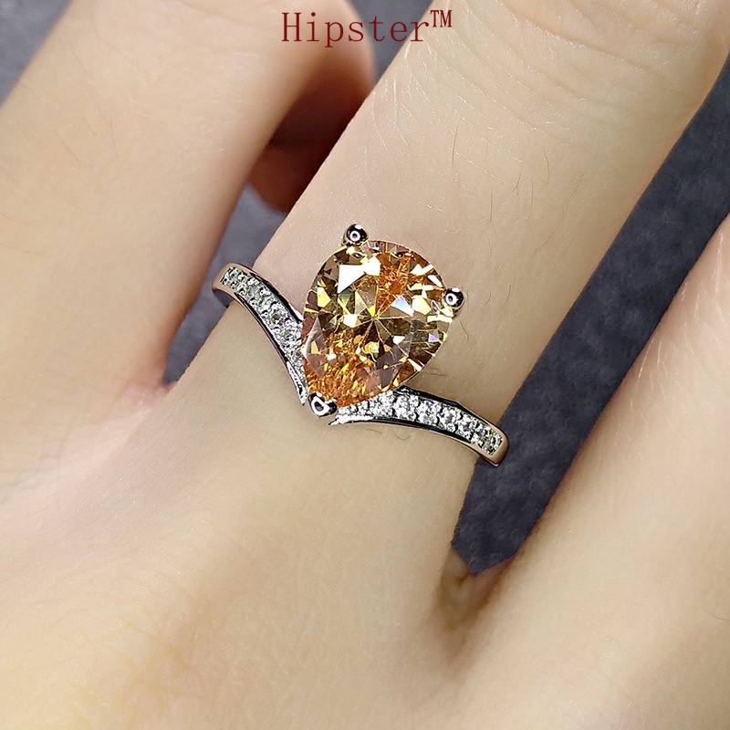 Hot Sale Fashion Trend Light Luxury Inlaid Platinum Champagne Crystal Drop-Shaped Ring