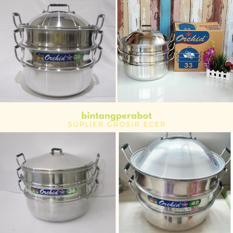 ORCHID - Kalakat / Kukusan No 30-33-36-40-45 cm / Panci Langseng Kukusan Kue Susun 3 Aluminium / Lan
