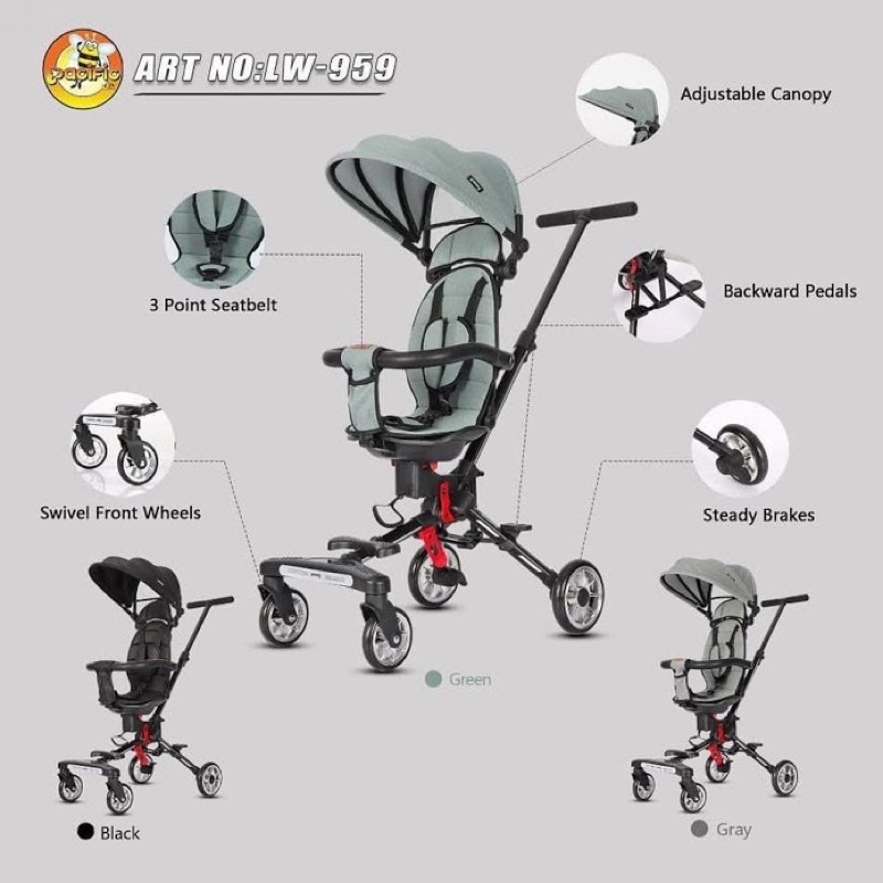 Baby Stroller Pacific LW 959 hadap depan belakang Kursi dorong bayi trike