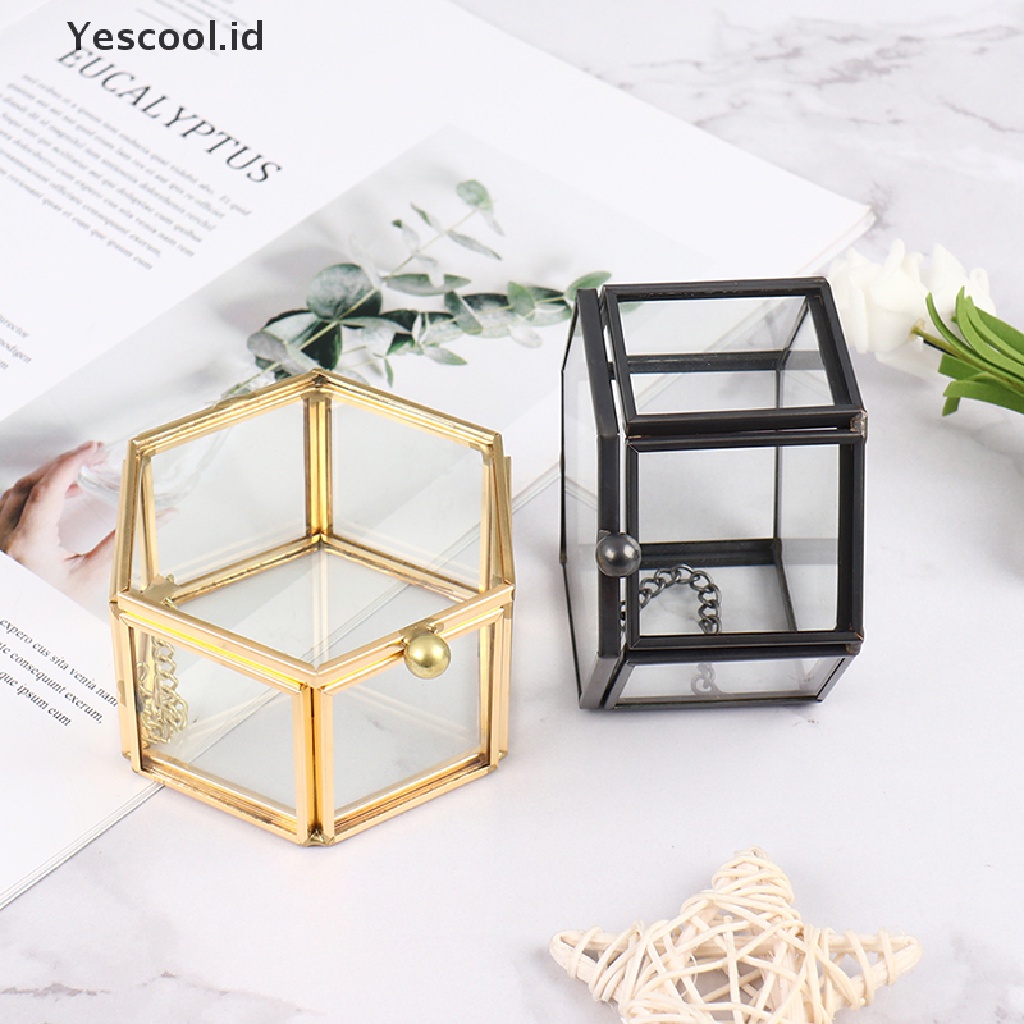 Kotak Holder Penyimpanan Perhiasan Cincin Bentuk Geometrik Bahan Kaca