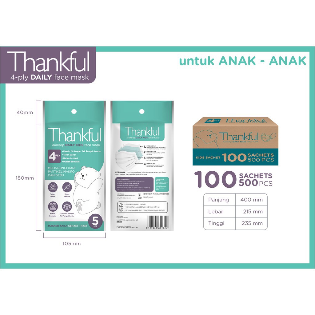 Thankful Masker Earloop Daily Kids 4ply / Masker Anak Sehari-hari Isi 5S