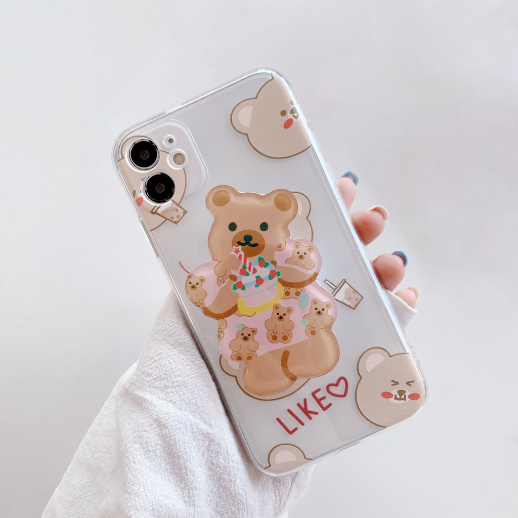 Stand Holder Smartphone Teleskopik Motif Gambar Kartun Beruang Bahan Akrilik Epoxy Gaya Korea