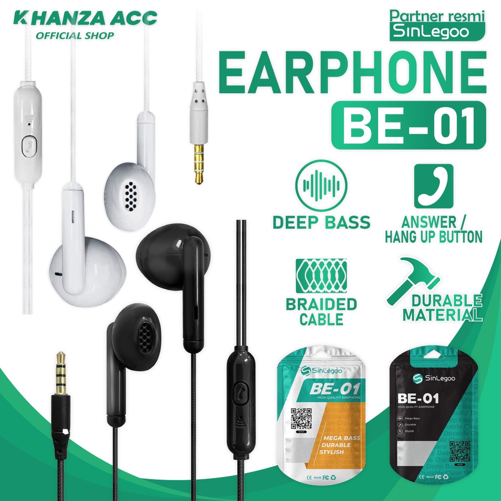 KHANZAACC SINLEGOO BE-01 Earphone Braided In Ear Bass Sound Mic Control Headset Murah