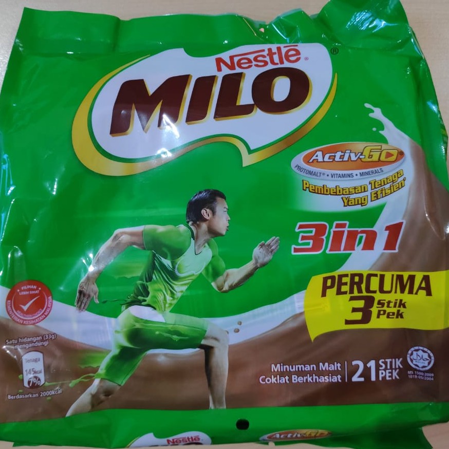 MILO 3IN1 SACHET / STIK PEK, PRODUK MALAYSIA, 21 STIK PEK, MILO 3 IN 1