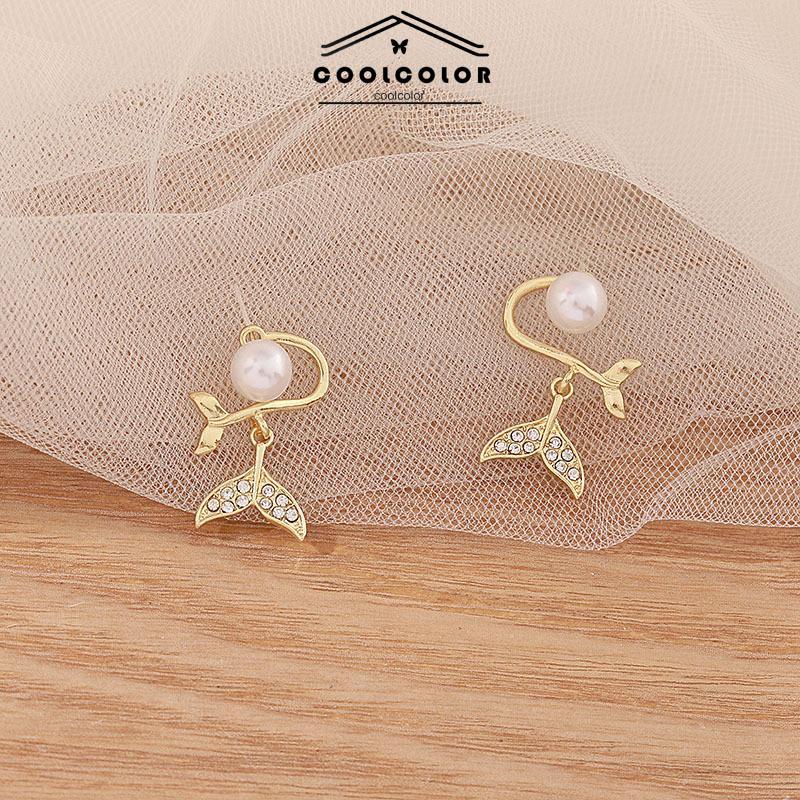 CODPearl Fishtail Back Hanging Earrings Wanita High-end Cahaya Mewah Penuh Berlian Anting Geometris- cl