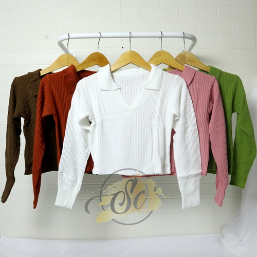 [✅COD ]  Rajut Lengan Panjang / Atasan kra Vneck wanita / Kaos Kerah Polo