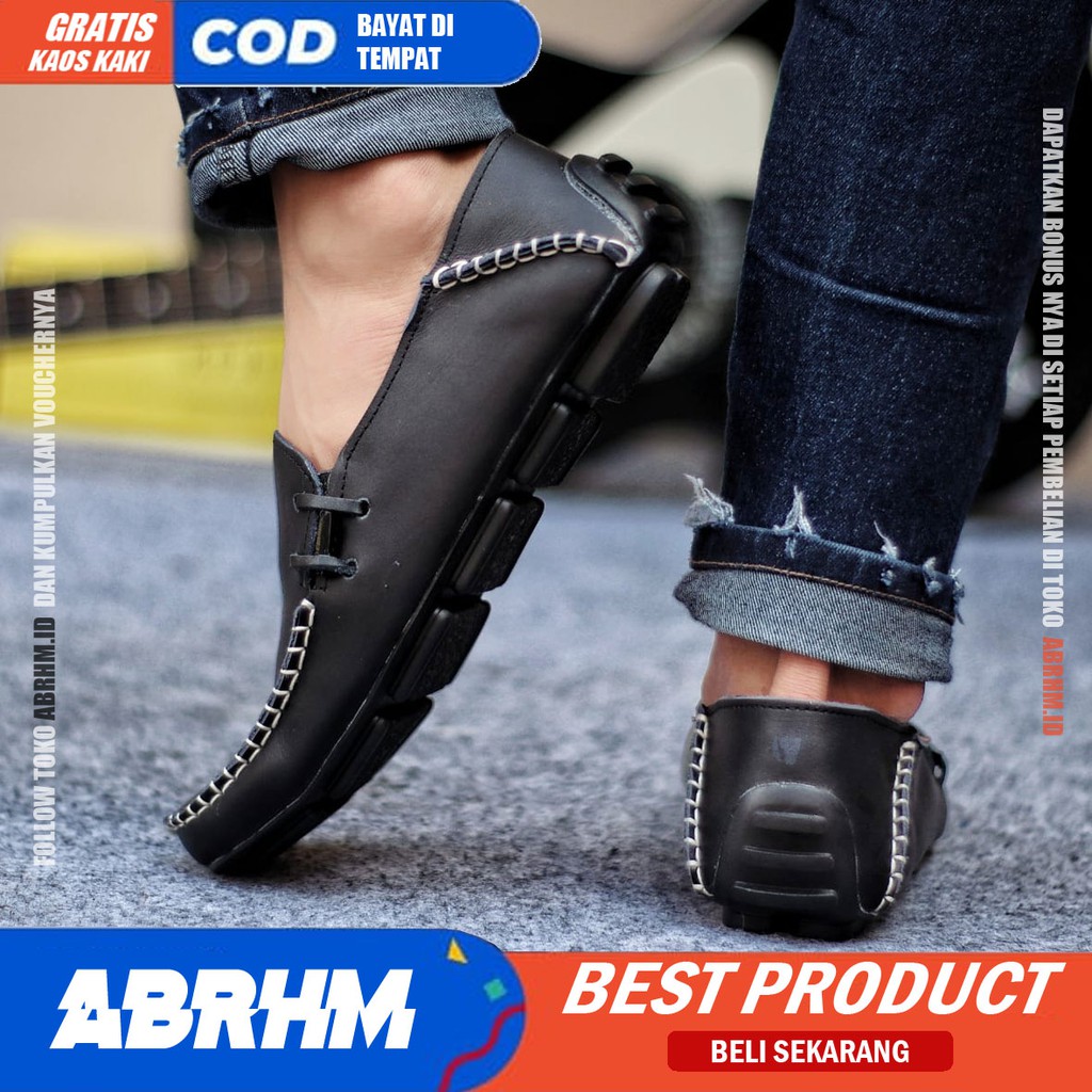 ABRHM x MOCLEA Sepatu Kasual Pria Sepatu Pria Casual Kulit Asli Slip Sepatu Kerja Original Keren Sepatu Slop Anti Slip Mocasin Sepatu Kerja Kantor Semi Formal Kuliah Kondangan Gaya keren Kekinian Murah Terlaris